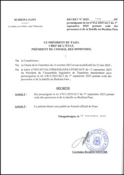 Law No.012-2025/Alt of 1 September 2025 relating to the Persons and Family Code of Burkina Faso